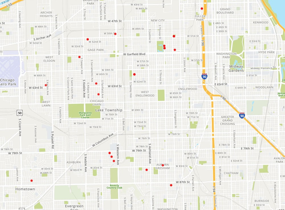 Map of Chicago's south and southwest side showing where Sassanesi families resettled after Federal Street, with red markers across neighborhoods including Gage Park, Chicago Lawn, West Englewood, Auburn Gresham, and Hometown