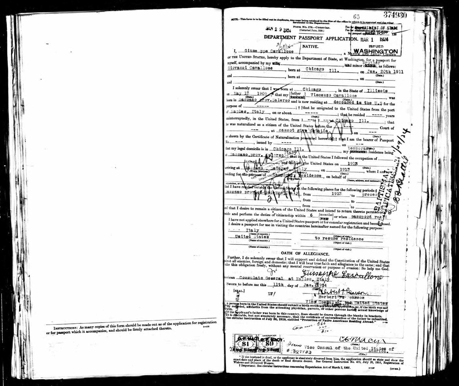 1924 U.S. Department of State passport application for Giuseppe Cavallone, listing his brother Giovanni Cavallone born Chicago, and father Vincenzo Cavallone deceased in the U.S.