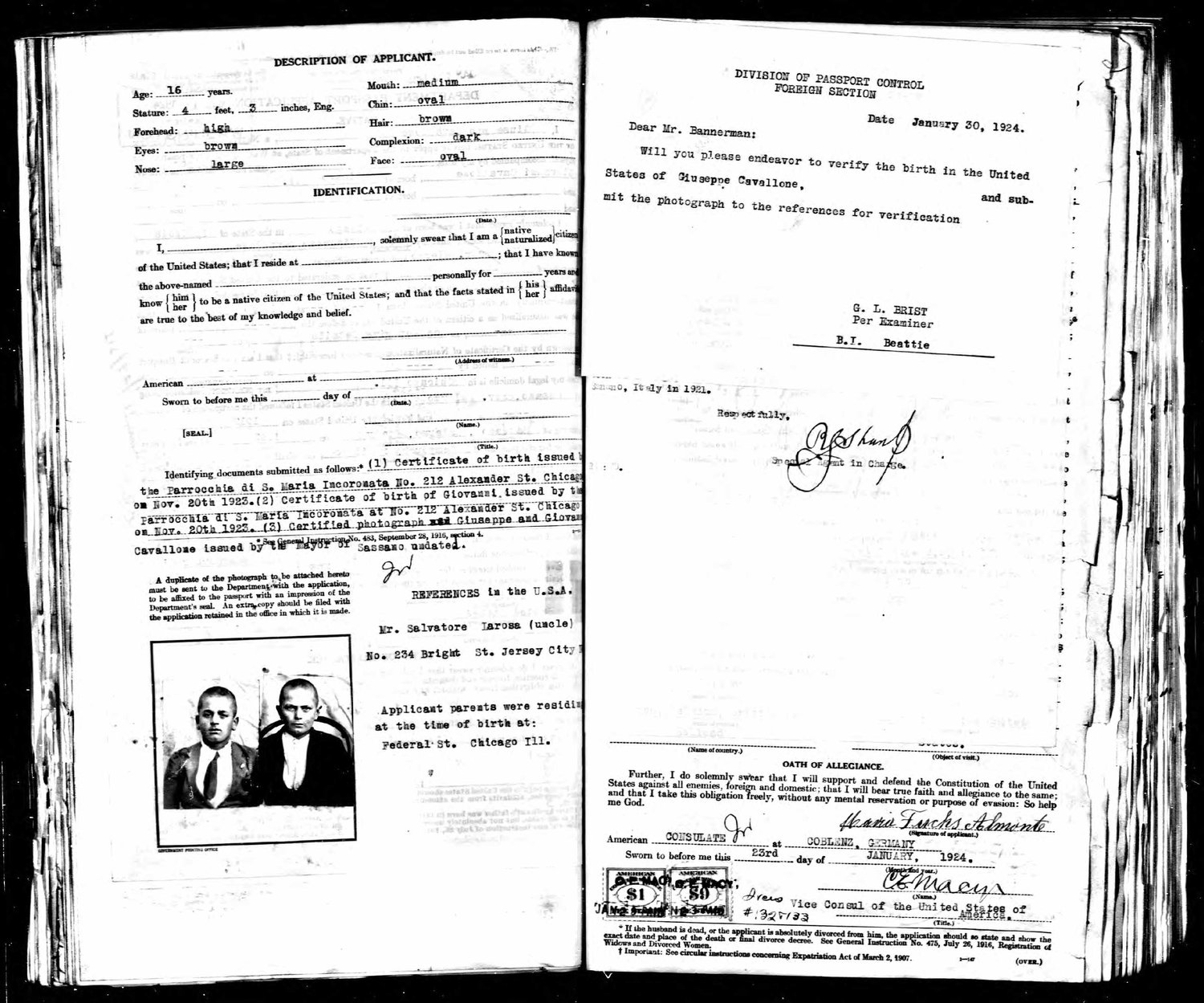 Reverse of the passport application showing the identification photograph of the two Cavallone brothers and reference to their uncle Salvatore Larosa in Jersey City