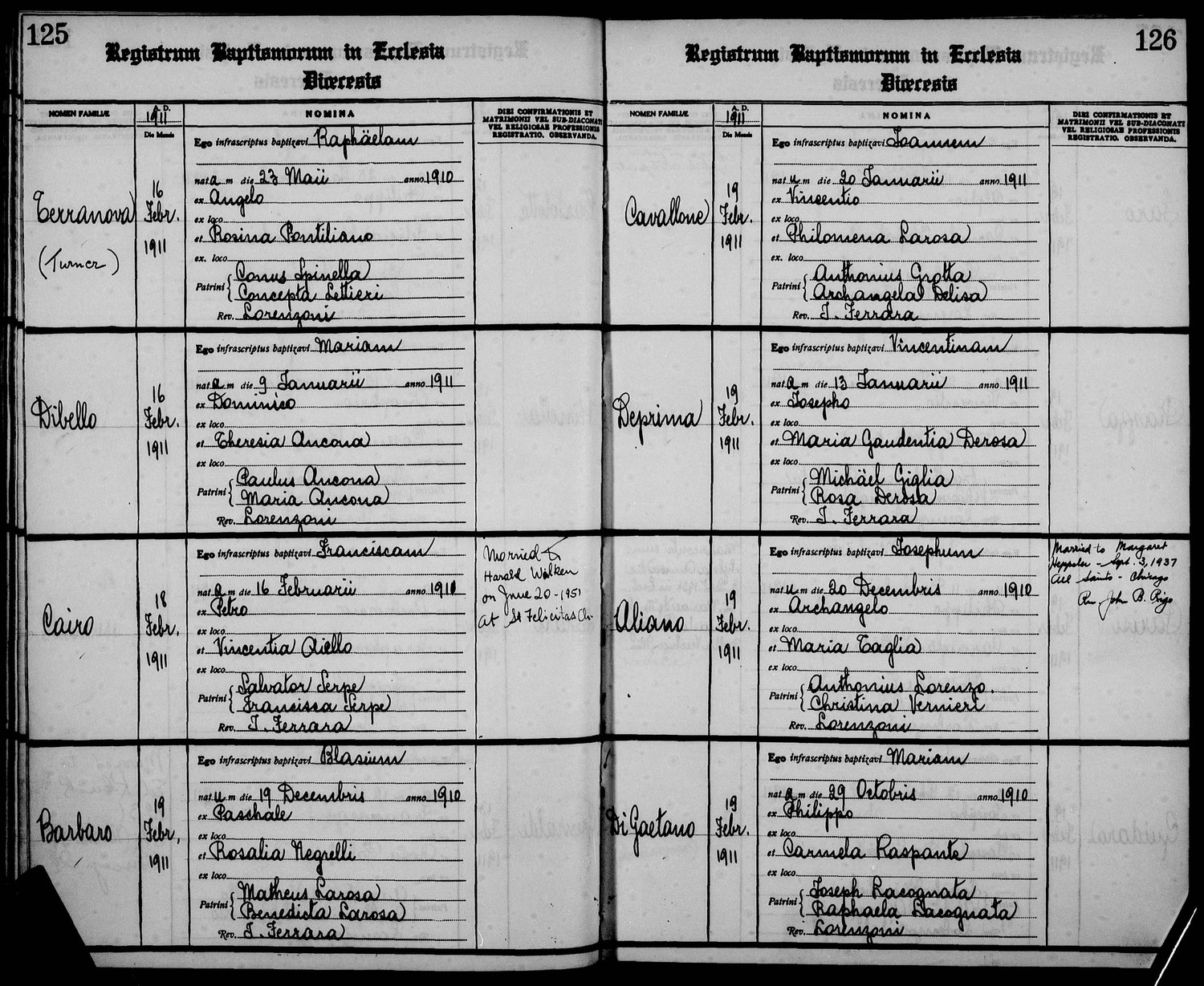1911 Santa Maria Incoronata baptism register showing Ioannem Cavallone, born 20 January 1911 to Vincentio and Philomena LaRosa