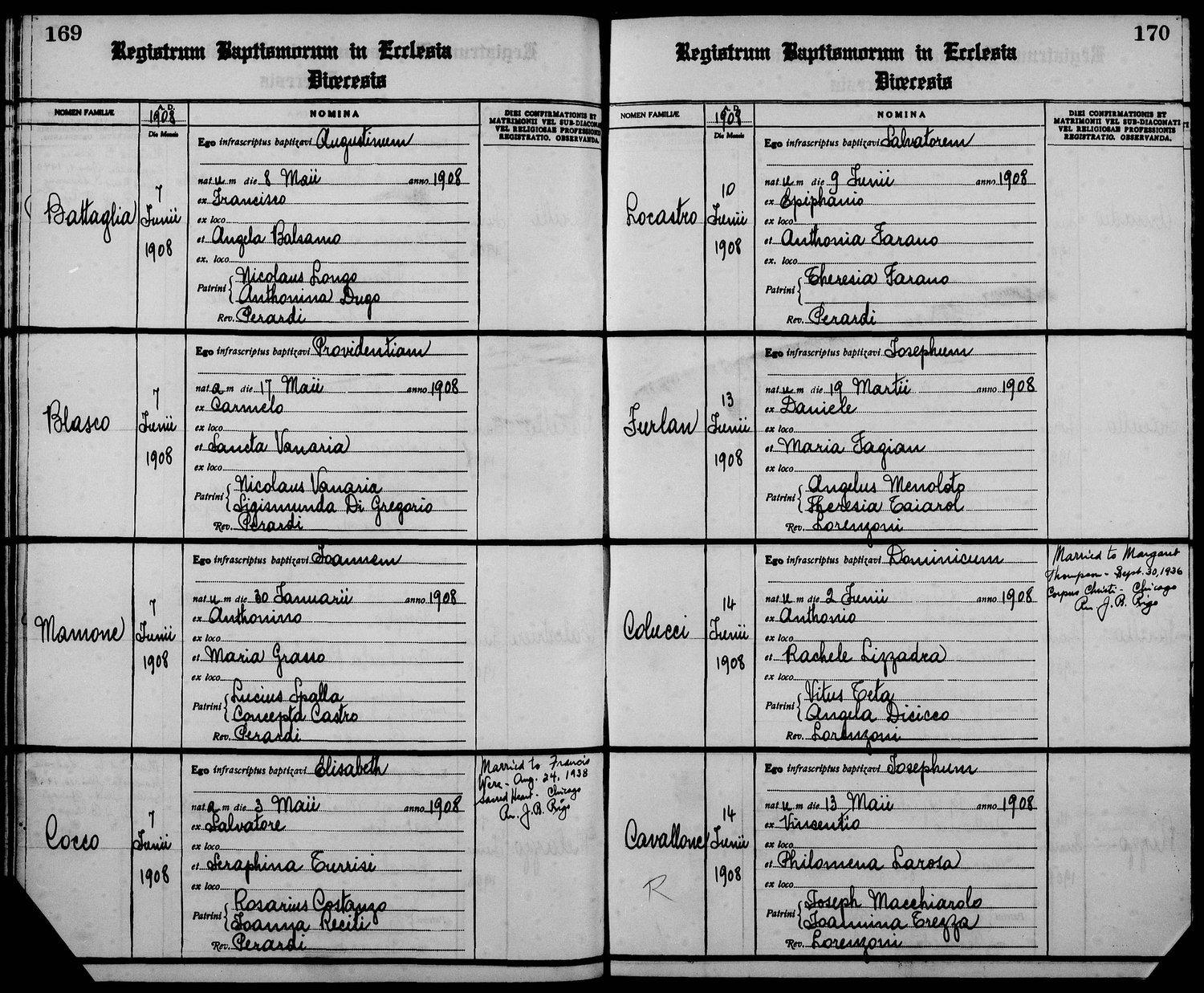1908 Santa Maria Incoronata baptism register showing Josephum Cavallone, born 13 May 1908 to Vincentio and Philomena LaRosa