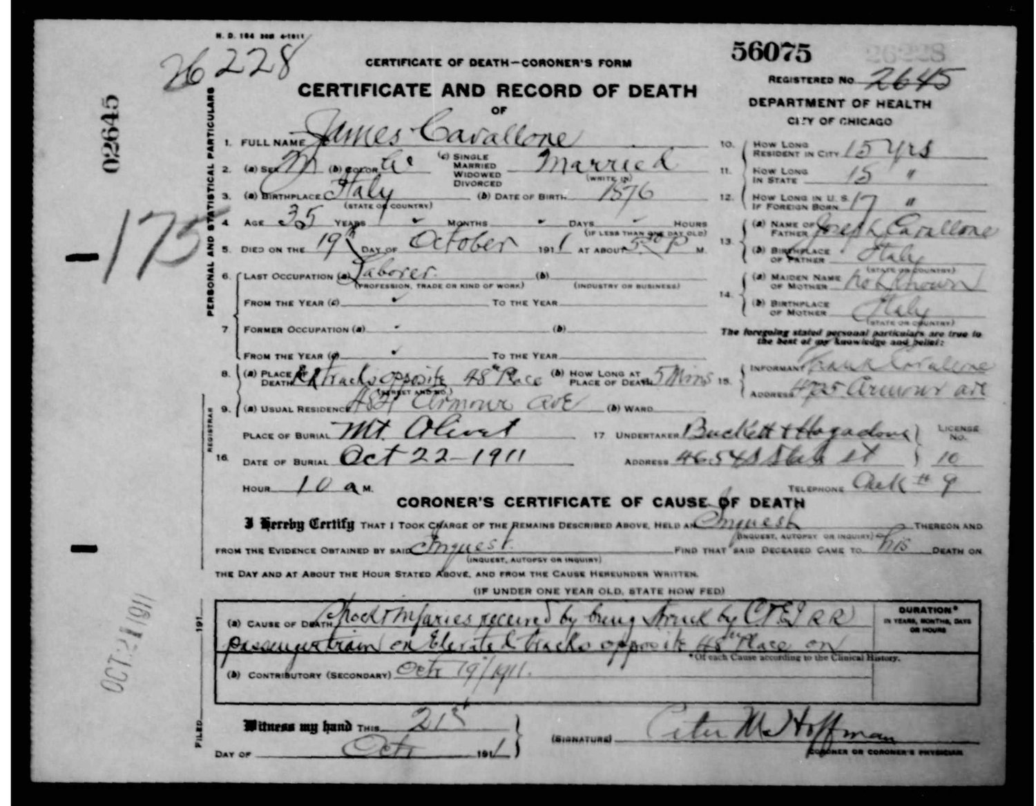 City of Chicago Certificate and Record of Death for James Cavallone, died 19 October 1911, struck by a train