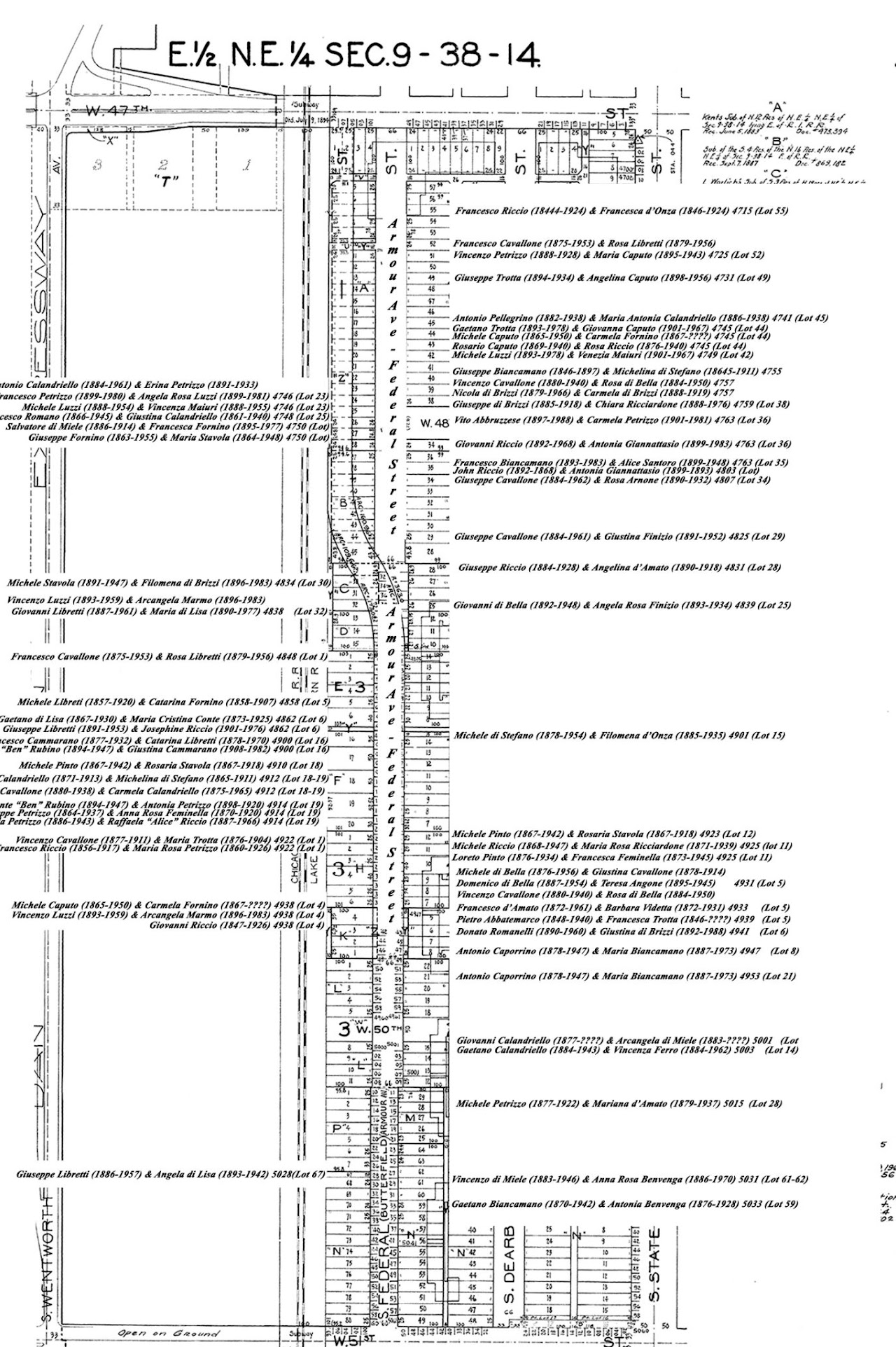1914 plat map of Federal Street, Chicago, between 47th and 51st Streets, annotated with Sassanesi family names and addresses