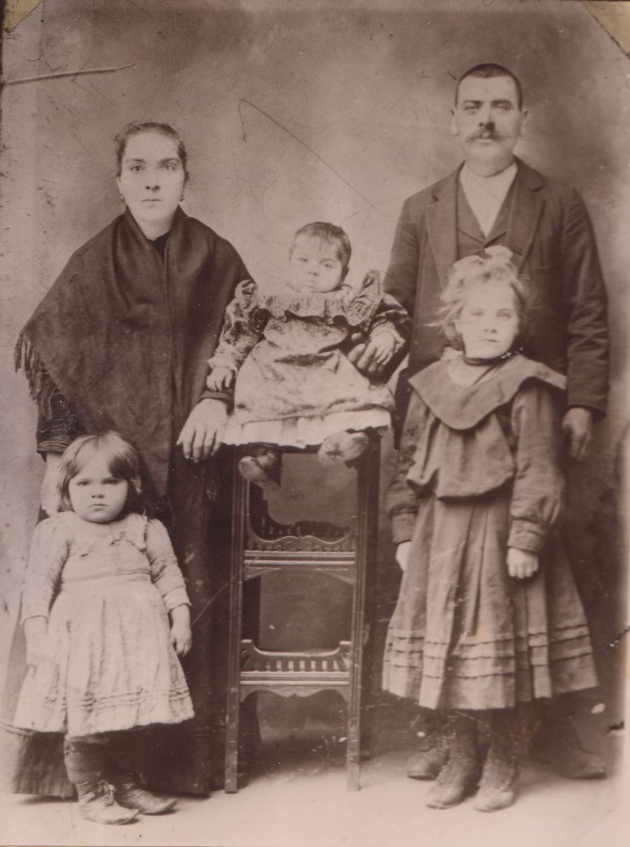 A Sassanese family portrait, early 1900s — five family members labeled in the original photo as Caterina, Rosa, Antonia, Francesco, and Giuseppina