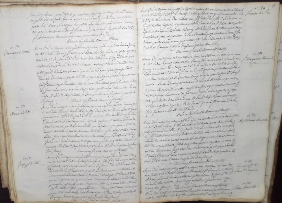 Scanned page from the San Giovanni Evangelista parish death register showing consecutive entries for the three di Sisti siblings